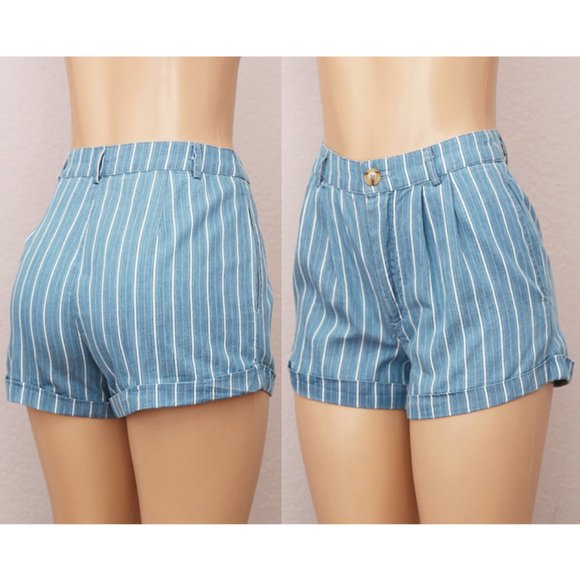 Denim Blue Striped 100% Cotton High Waist Shorts - Picture 2 of 10
